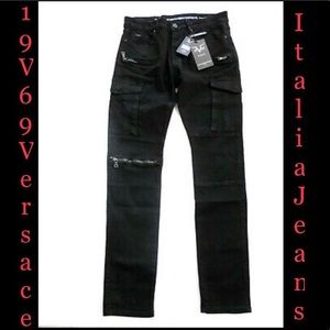 19V69 Versace Italia Black Slim Fit Zippered Jeans